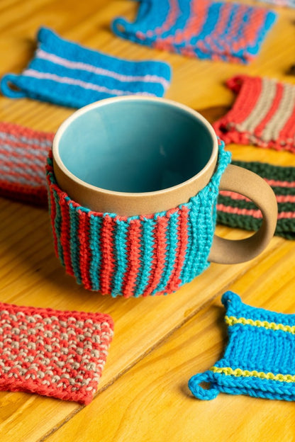 Cotton Mug Warmer – Reusable, Eco - Friendly & Handcrafted – Beverage Accessories by Naram available on Brown Living™. Blue Yellow . SKU: MWC - 02. Img 1.