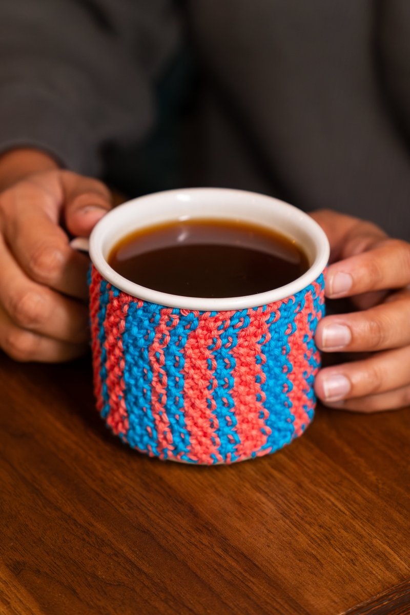 Cotton Mug Warmer – Reusable, Eco - Friendly & Handcrafted – Beverage Accessories by Naram available on Brown Living™. Brown Pink . SKU: MWC - 07. Img 14.