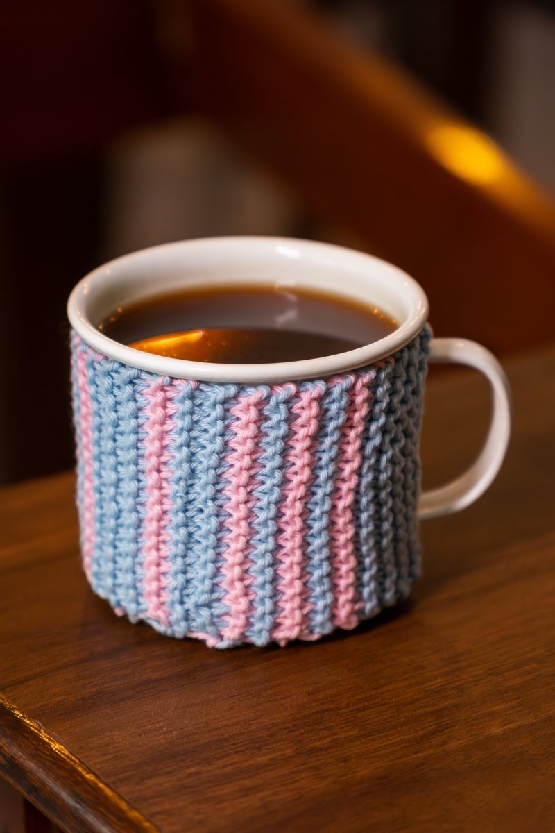 Cotton Mug Warmer – Reusable, Eco - Friendly & Handcrafted – Beverage Accessories by Naram available on Brown Living™. Light Blue Pink . SKU: MWC - 04. Img 9.