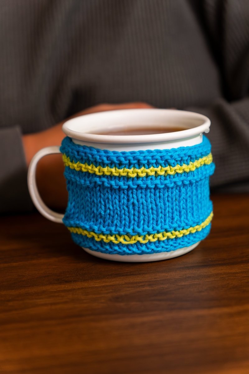 Cotton Mug Warmer – Reusable, Eco - Friendly & Handcrafted – Beverage Accessories by Naram available on Brown Living™. Blue Yellow . SKU: MWC - 02. Img 5.