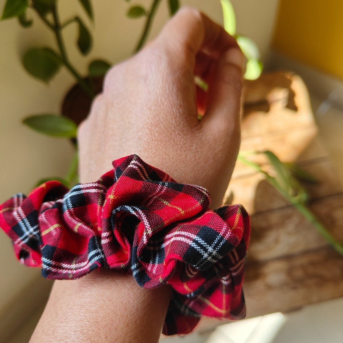 Cotton Red Checks Scrunchie | Stylish & Eco - Friendly Hair Tie | Verified Sustainable by Brown Living™