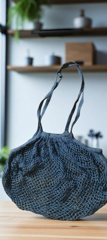 Cotton Refrigerator Mesh Bags - Set of 3 – Fridge Vegetable Bags by ONEarth available on Brown Living™. 2 handle bag dark grey. SKU: BL_OEP912. Img 11.