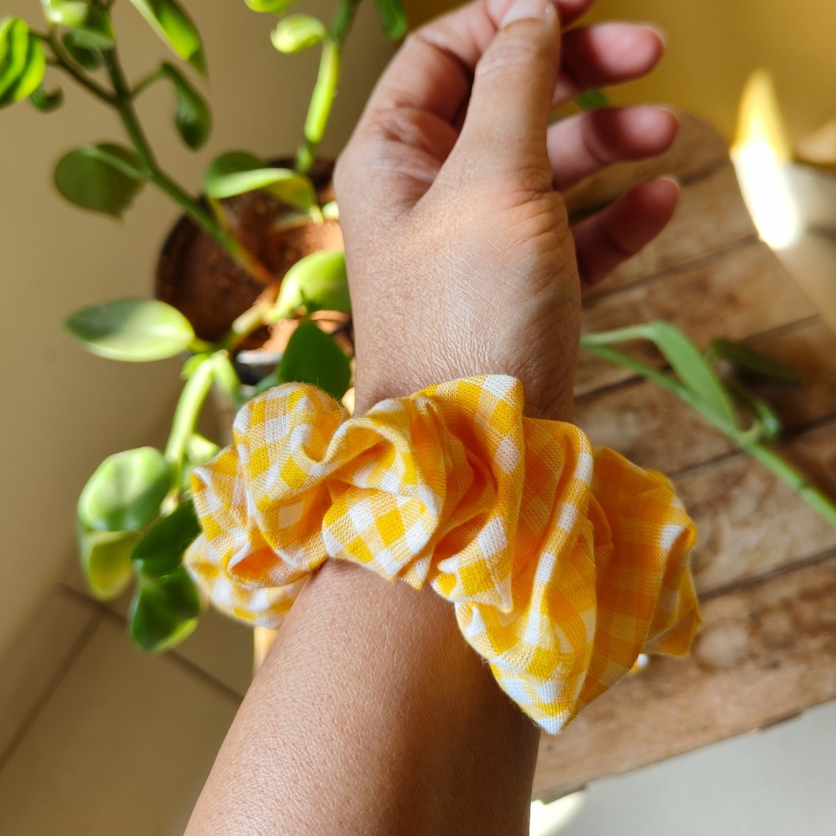 Cotton Yellow Checks Scrunchie | Upcycled & Sustainable Hair Tie | Verified Sustainable by Brown Living™