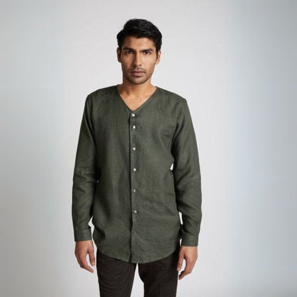 Crescent V - Neck Kurta Bottle Green | Verified Sustainable by Brown Living™