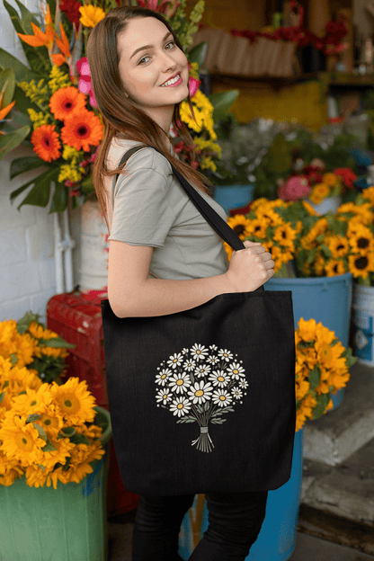 Daisy Black Canvas Tote – Zippered, Floral Design | Verified Sustainable by Brown Living™