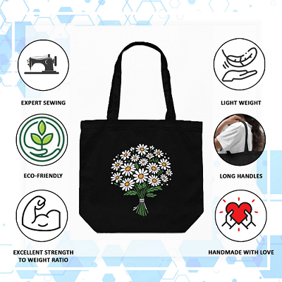 Daisy Black Canvas Tote – Zippered, Floral Design | Verified Sustainable by Brown Living™