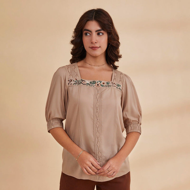 Daryah - Beige Organic Bamboo Embroidered Top | Verified Sustainable by Brown Living™