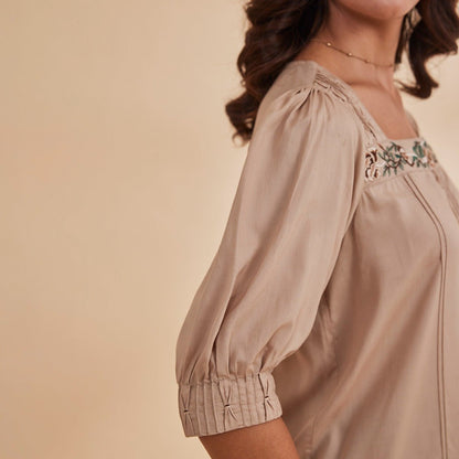 Daryah - Beige Organic Bamboo Embroidered Top | Verified Sustainable by Brown Living™