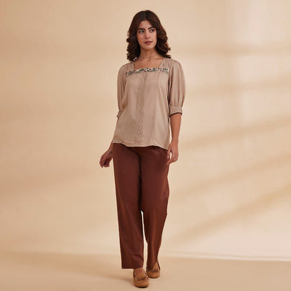 Daryah - Beige Organic Bamboo Embroidered Top | Verified Sustainable by Brown Living™