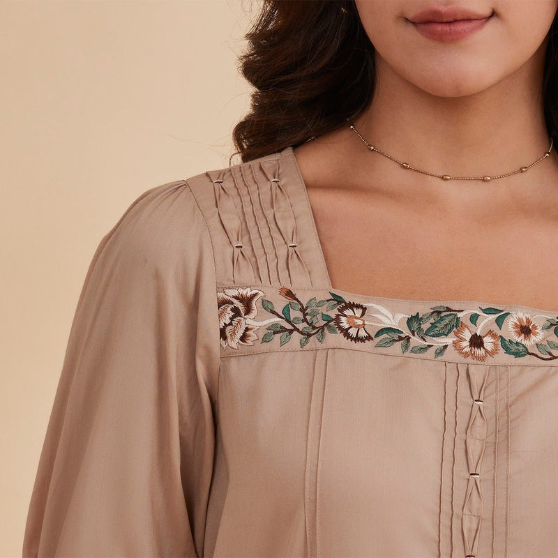 Daryah - Beige Organic Bamboo Embroidered Top | Verified Sustainable by Brown Living™