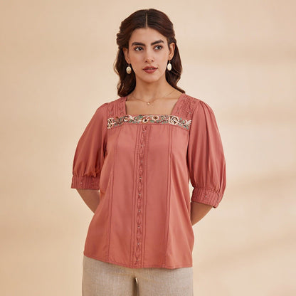 Daryah Pink - Organic Bamboo Embroidered Top | Verified Sustainable by Brown Living™