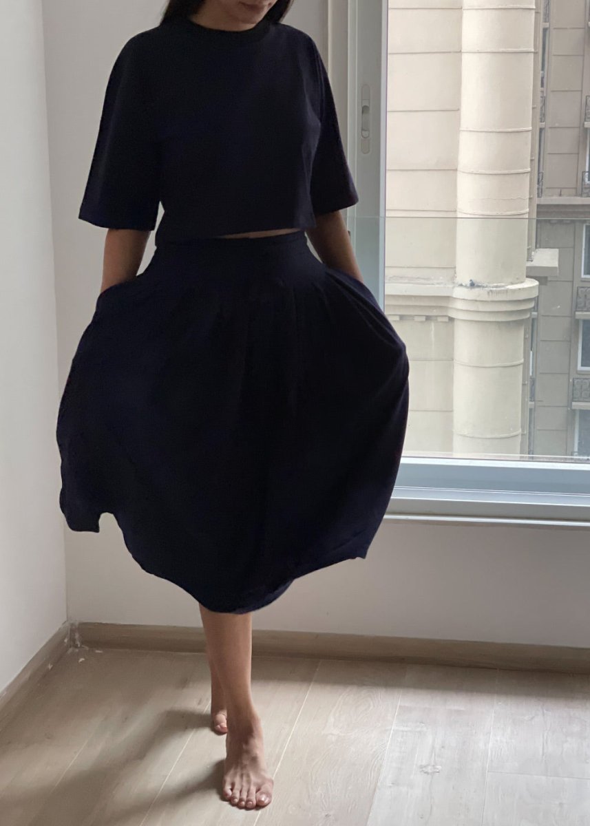 Deep Blue Pleated Comfort Skirt – Flowy Mid - Length Bottom | Verified Sustainable by Brown Living™