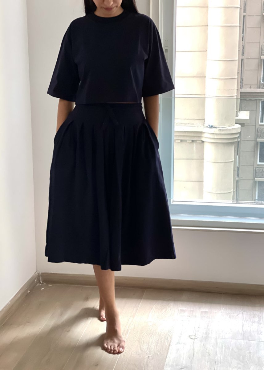 Deep Blue Pleated Comfort Skirt – Flowy Mid - Length Bottom | Verified Sustainable by Brown Living™