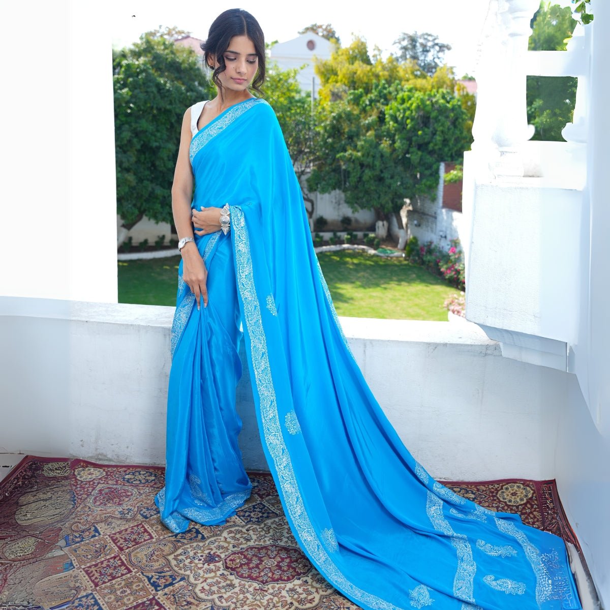 Deep Sky Real Silver Saree in Organic | Verified Sustainable by Brown Living™