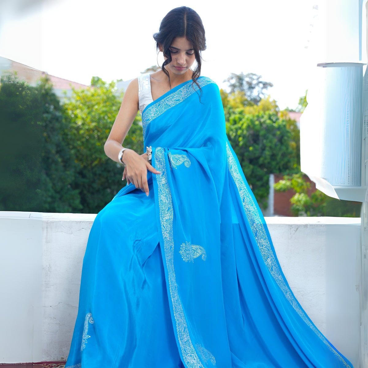 Deep Sky Real Silver Saree in Organic | Verified Sustainable by Brown Living™