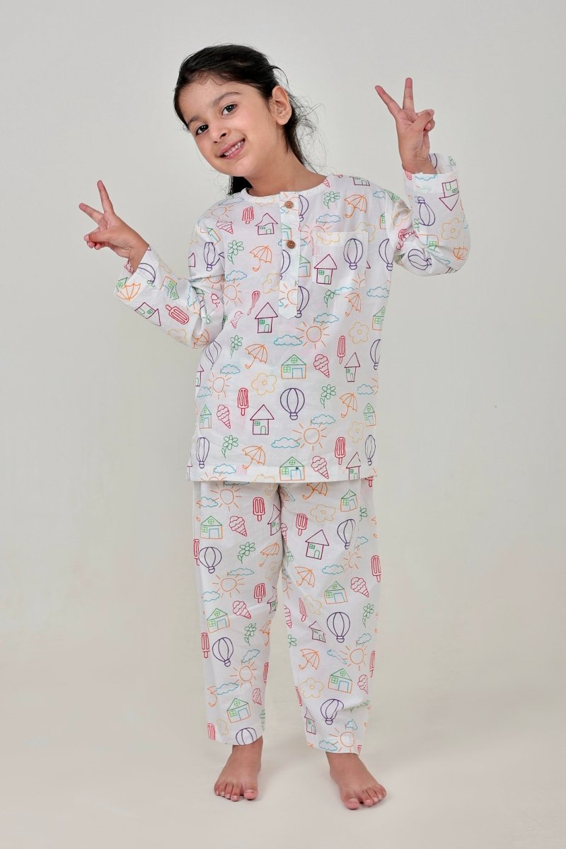 Doodle Dreams Unisex Kids Night Suit, Kurta & Pajama Set | Verified Sustainable by Brown Living™