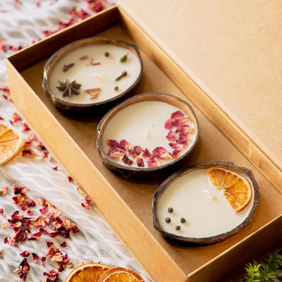Eco - Friendly Coconut Diwali Candles Gift Box - Set of 3 Candles – Gift Giving on Brown Living™. SKU: TGACNDLSET - 3. Img 3.