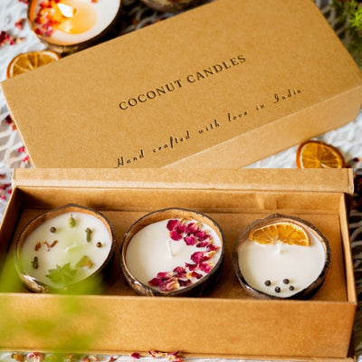 Eco - Friendly Coconut Diwali Candles Gift Box - Set of 3 Candles – Gift Giving on Brown Living™. SKU: TGACNDLSET - 3. Img 1.