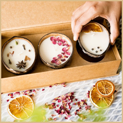Eco - Friendly Coconut Diwali Candles Gift Box - Set of 3 Candles – Gift Giving on Brown Living™. SKU: TGACNDLSET - 3. Img 4.