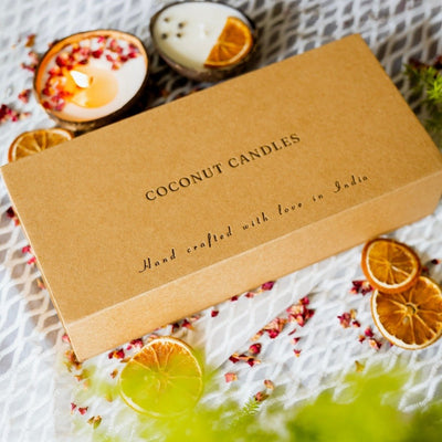 Eco - Friendly Coconut Diwali Candles Gift Box - Set of 3 Candles – Gift Giving on Brown Living™. SKU: TGACNDLSET - 3. Img 2.
