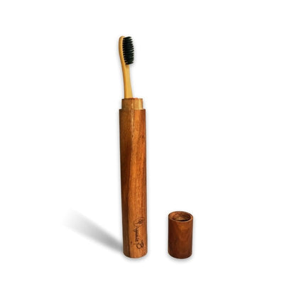 Eco Friendly Travel Case with Bamboo Charcoal Toothbrush – Tooth Brush on Brown Living™. SKU: 192 - 15258 - charcoalwithbamboo. Img 1.