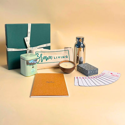 Eco - Friendly Wellness Hamper: Tote Bag, Tea, Candles & More – Gift Giving on Brown Living™. SKU: BL_EWH_TTCBB. Img 1.