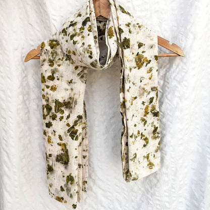 Eco - printed Kala Cotton Stole - Off white with green | Verified Sustainable by Brown Living™