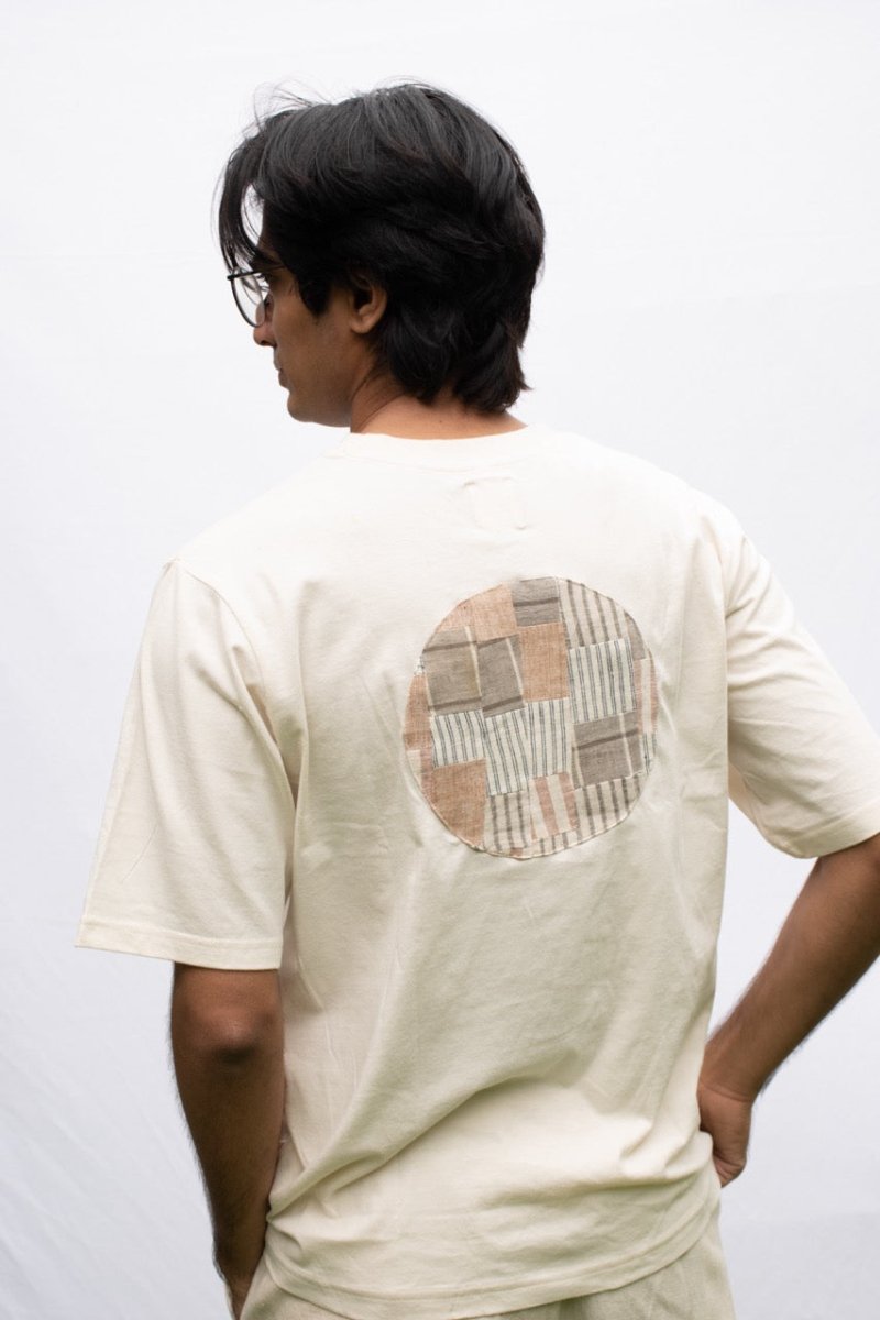 Ecru Oversized Organic Cotton T-Shirt with Circle Patchwork | Verified Sustainable by Brown Living™