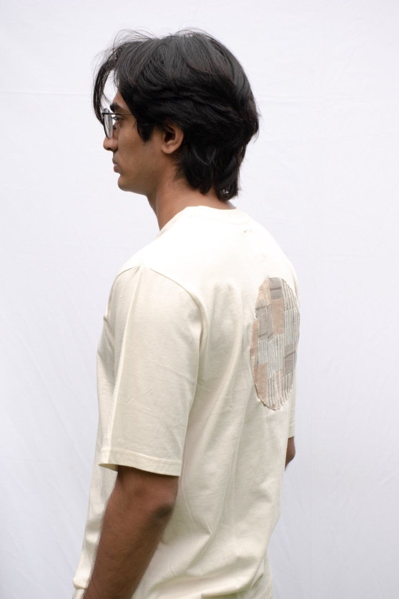 Ecru Oversized Organic Cotton T-Shirt with Circle Patchwork | Verified Sustainable by Brown Living™