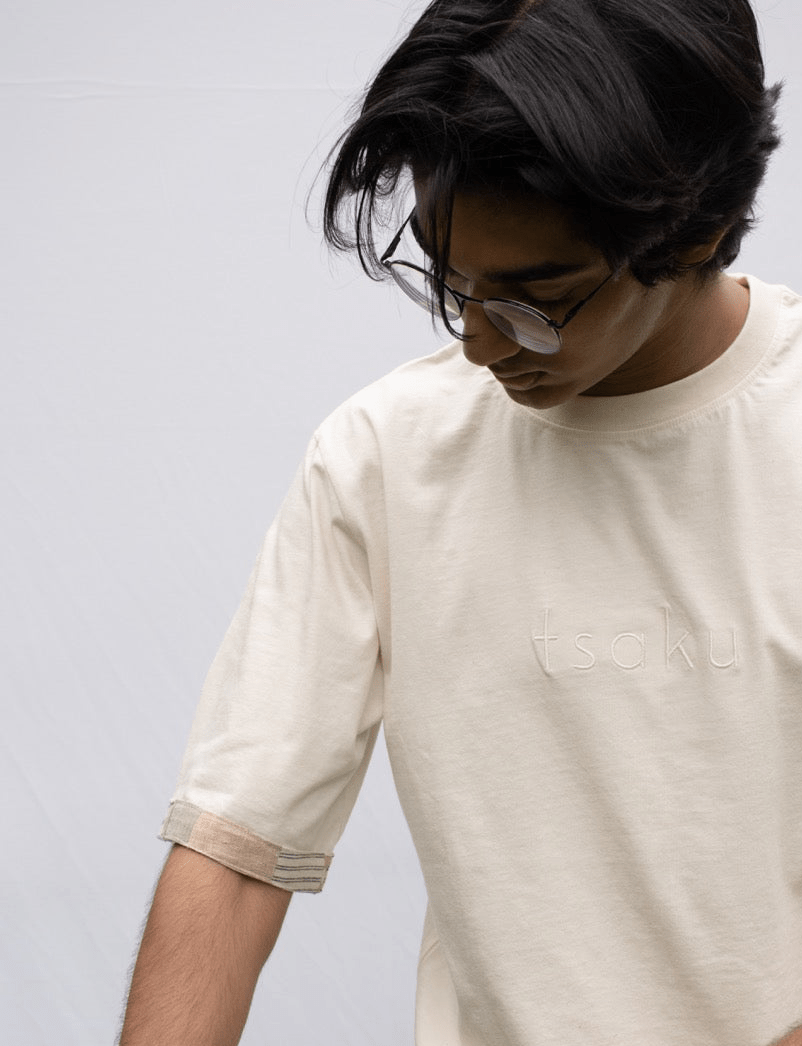 Ecru Oversized Organic Cotton T-Shirt with Patchwork Sleeves | Verified Sustainable by Brown Living™