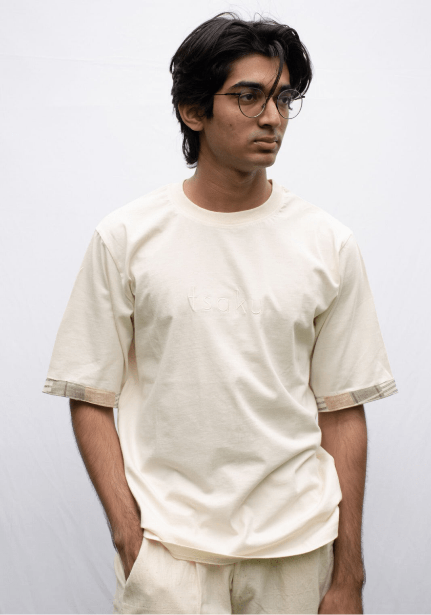 Ecru Oversized Organic Cotton T-Shirt with Patchwork Sleeves | Verified Sustainable by Brown Living™