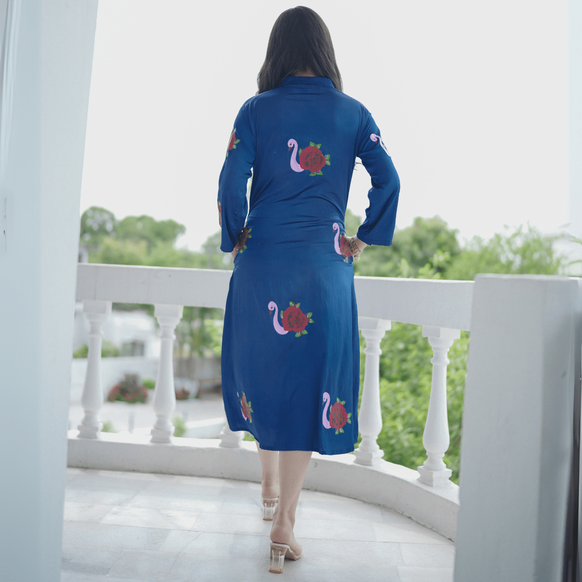Egyptian Blue Handpainted Organic Satin Dress – Womens Dress by October available on Brown Living™. M . SKU: . Img 3.
