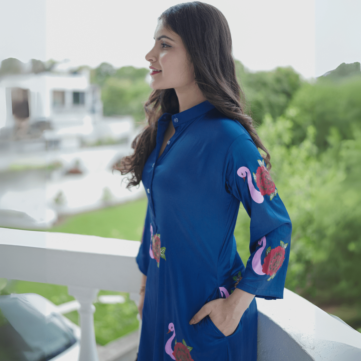 Egyptian Blue Handpainted Organic Satin Dress – Womens Dress by October available on Brown Living™. M . SKU: . Img 2.