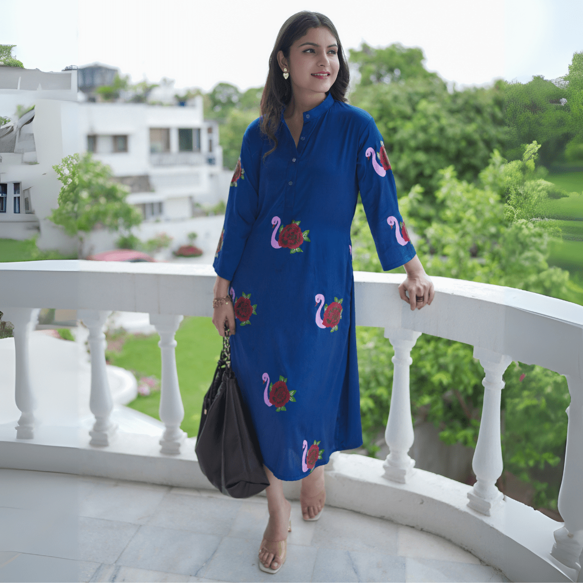 Egyptian Blue Handpainted Organic Satin Dress – Womens Dress by October available on Brown Living™. M . SKU: . Img 1.