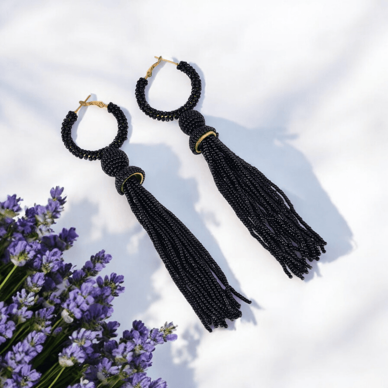 Elegant Black Beaded Hoop Earrings with Tassel Detail | Verified Sustainable by Brown Living™