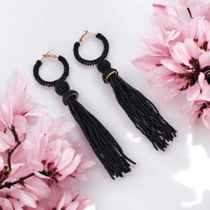 Elegant Black Beaded Hoop Earrings with Tassel Detail | Verified Sustainable by Brown Living™