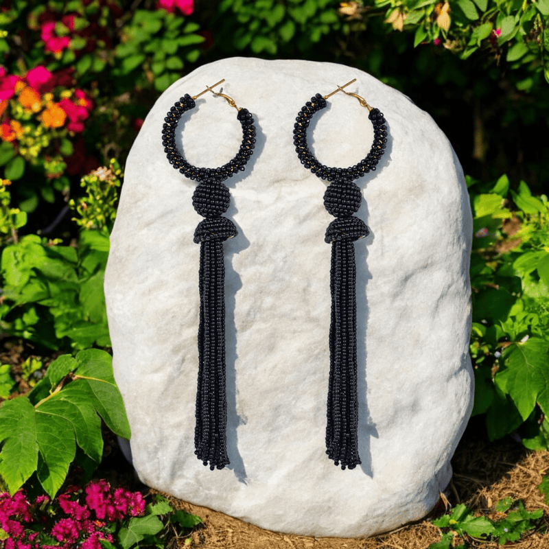 Elegant Black Beaded Hoop Earrings with Tassel Detail | Verified Sustainable by Brown Living™