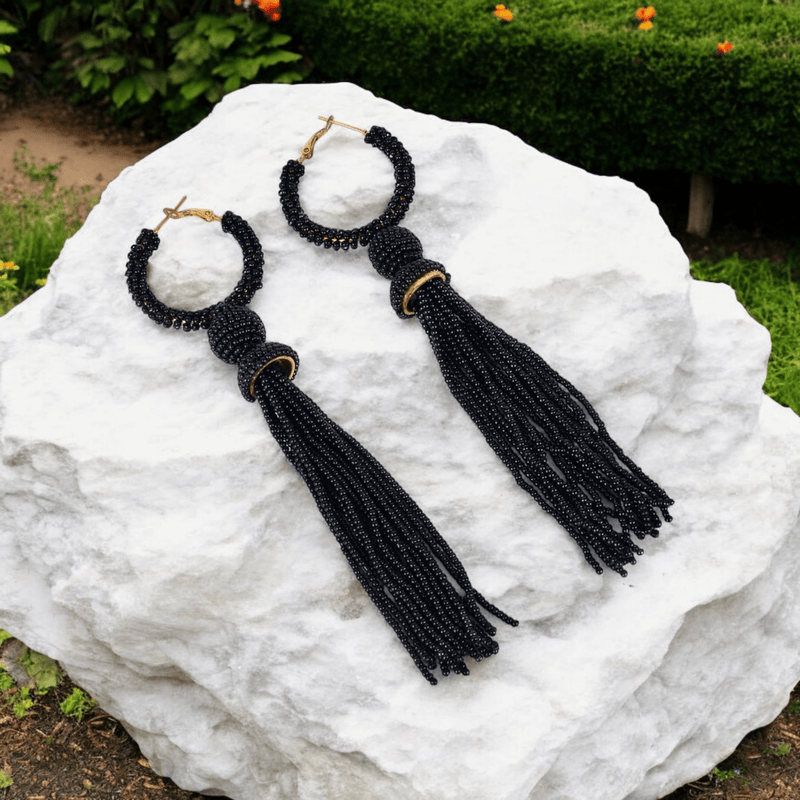 Elegant Black Beaded Hoop Earrings with Tassel Detail | Verified Sustainable by Brown Living™