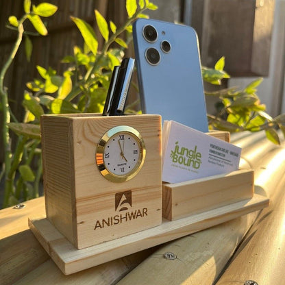 Elegant Wooden Pen Stand with Clock – Desk Organizer for Home & Office | Verified Sustainable by Brown Living™