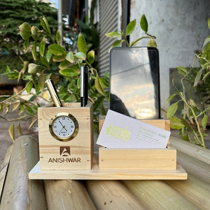 Elegant Wooden Pen Stand with Clock – Desk Organizer for Home & Office | Verified Sustainable by Brown Living™