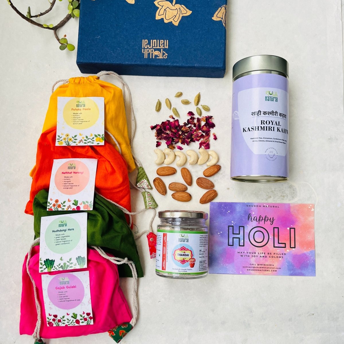 Festive Holi Hamper | Herbal Gulal, Ayurvedic Thandai & Kashmiri Kahwa | Set of 7 | Verified Sustainable by Brown Living™