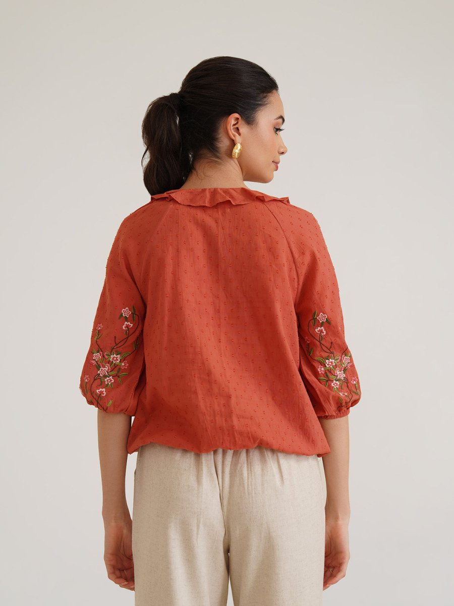 Fiona - Organic Cotton Blouse with Embroidered Sleeves - Orange | Verified Sustainable by Brown Living™