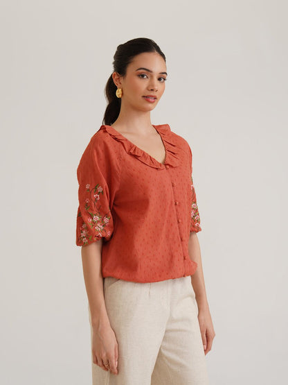 Fiona - Organic Cotton Blouse with Embroidered Sleeves - Orange | Verified Sustainable by Brown Living™