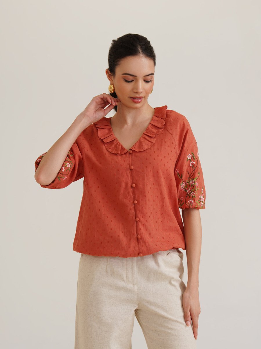 Fiona - Organic Cotton Blouse with Embroidered Sleeves - Orange | Verified Sustainable by Brown Living™