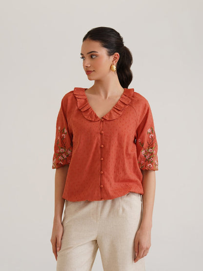 Fiona - Organic Cotton Blouse with Embroidered Sleeves - Orange | Verified Sustainable by Brown Living™