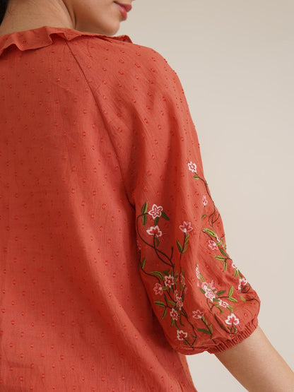 Fiona - Organic Cotton Blouse with Embroidered Sleeves - Orange | Verified Sustainable by Brown Living™