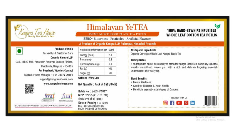 First Flush Black Tea 0% Bitterness - 100% Hand - Sewn Premium Cotton Tea Bags (Kangra Tea House YeTEA Pack of 6 Reinfusible Potlis) | Verified Sustainable by Brown Living™