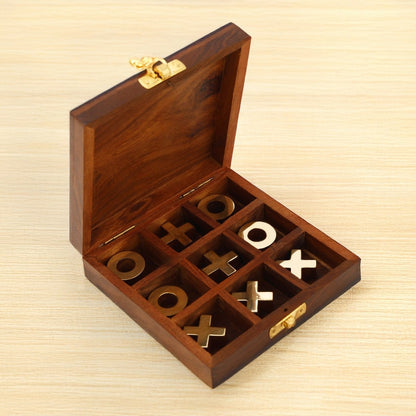 Foldable Sheesham Wood Tic Tac Toe with Brass Coins | Verified Sustainable by Brown Living™