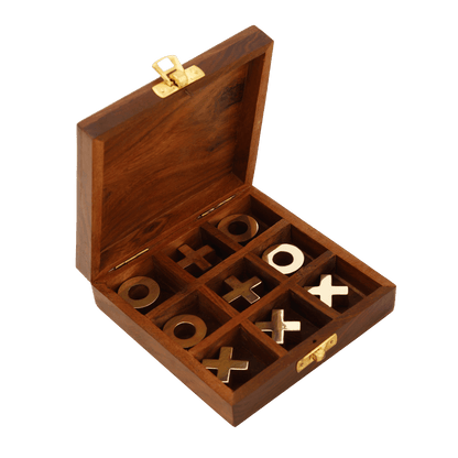 Foldable Sheesham Wood Tic Tac Toe with Brass Coins | Verified Sustainable by Brown Living™