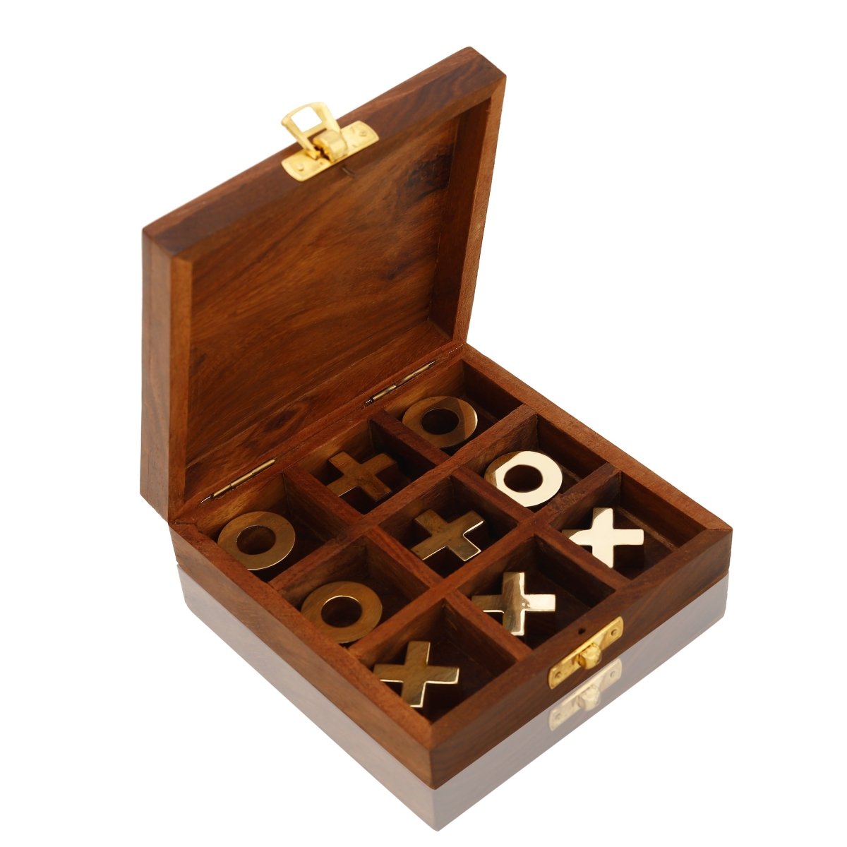 Foldable Sheesham Wood Tic Tac Toe with Brass Coins | Verified Sustainable by Brown Living™